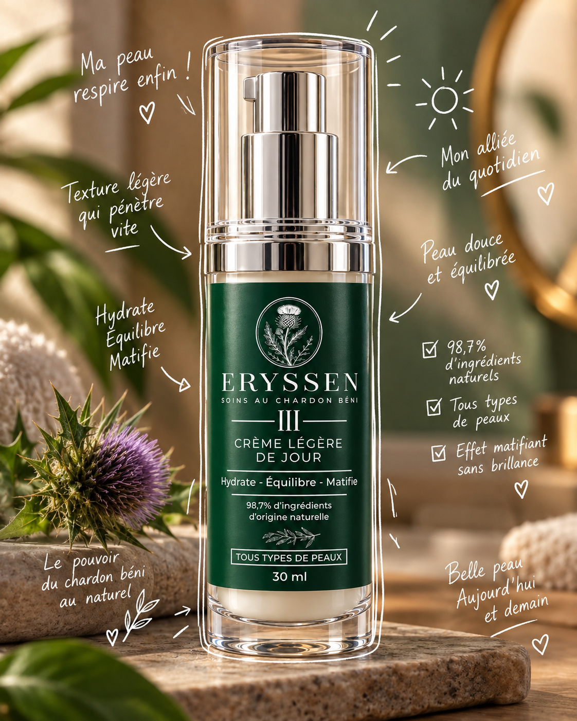 Crème Légère de Jour Eryssen au Chadwon Béni, soin hydratant et matifiant formulé en Martinique, 30 ml