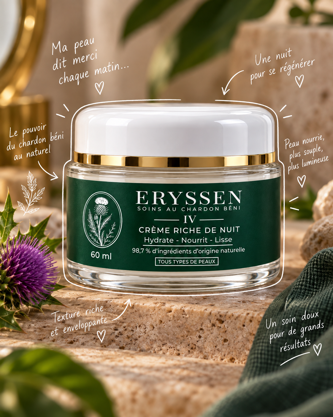 Crème Riche de Nuit Eryssen au Chadwon Béni, soin nourrissant de nuit formulé en Martinique pour peaux noires et métisses, 60 ml
